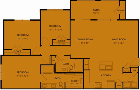 Floor plan for 3 beds, 2 baths, 1460 sqft